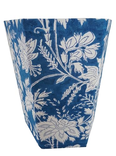 Image of Floral Hand Block Printed 3.3 Gallon Decorative Waste Basket - Eco-Friendly Cardboard Trash Can, Plastic-Free & Sustainable, Perfect for Christmas and Housewarming Gifts (1, Blue)