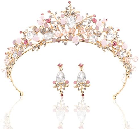 Yean Gold Wedding Crown Bridal Tiaras with Earrings Pink Purple Headband for Women and Girls (Pink)
