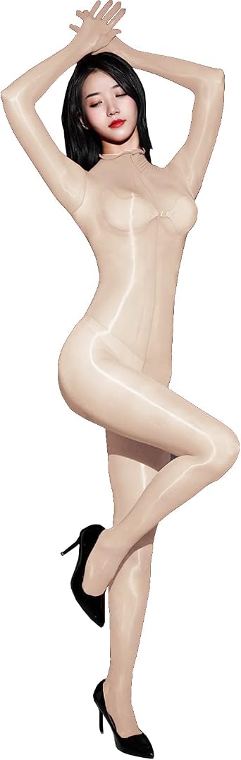 BEFASY Unisex Sexy 8D Nylon Sheer Shiny Glossy Full Bodystocking High Collar Bodysuit Catsuit with Gloves
