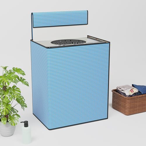 Image of Kuber Industries PVC Fully Automatic Washing Machine Cover Top Load | Dustproof Top Load Washing Machine Cover - Ideal for 6 kg, 6.5 kg, 7 kg | Barik Check Design - Blue