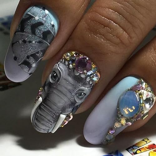 Medium Press on Nails Oval Fake Nails 3D False Nails with Rhinestone Simulation Elephant Designs Full Cover Press ons Blue Ombre Artificial Nails Cute