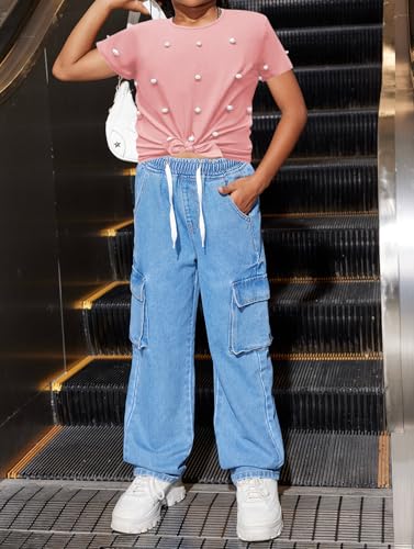 OYOANGLE Girl's Pearl Beaded Short Sleeve Round Neck Knot Hem Shirt Tops Casual Cute Tee Shirt3