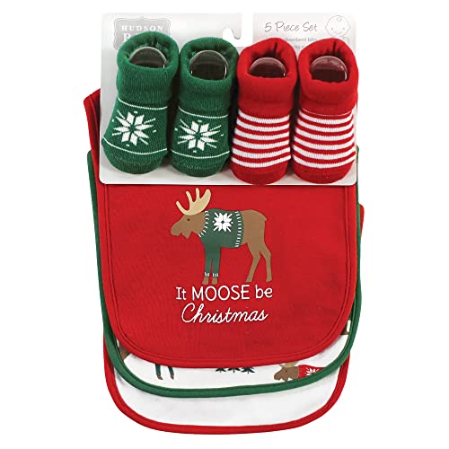 Image of Hudson Baby Unisex Baby Cotton Bib and Sock Set, Moose Be Christmas, One Size