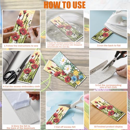 Image of FREEBLOSS 6 Set Cross Stitch Bookmark Kit Wild Flowers Pattern Stamped Cross Stitch Kit 11CT Embroidery Kits with Instructions for Beginners Adult 20x6cm /8x2.4inch