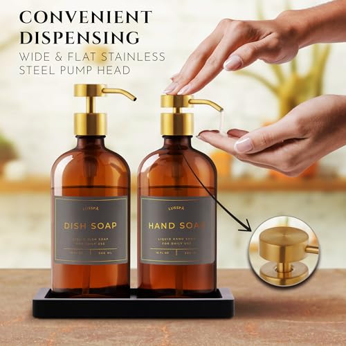 Glass Soap Dispenser Set of 2 (Amber) with Silicone Tray | Hand and Dish Soap Dispenser for Kitchen and Bathroom | 16.8 Oz Glass Bottles with Stainless Steel Pump & 15 Waterproof Labels (Amber/Gold) - image 4