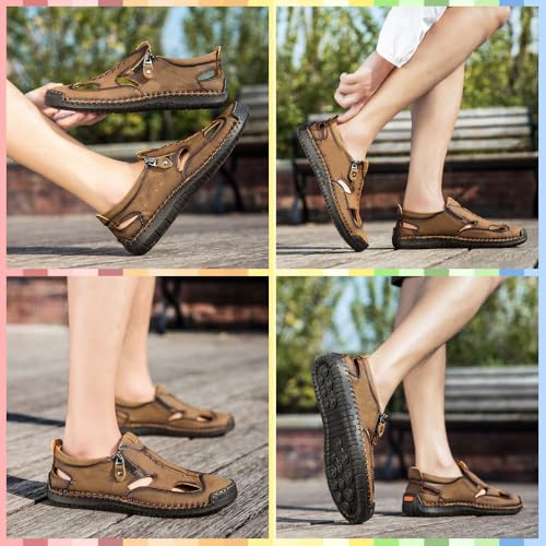 Men's Breathable Closed-Toe Leather Fisherman Sandals | Slip-On Comfort for Summer Outdoor Activities | Hand-Sewn with Side Zipper for Easy Wear | Perfect for Driving and Walking4