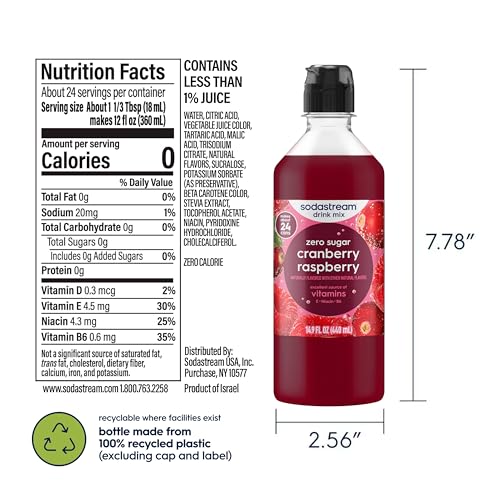 Image of Sodastream Classic Cranberry Raspberry Zero Calorie, New Pour Bottle 440ml, 14.9 Fl Oz (Pack of 4)