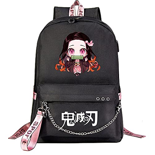 Yumenam Unisex Anime Mochila con Puerto de Carga USB Demon Slayer Kimetsu no Yaiba Kamado Nezuko Estampado Mochila de Viaje Bolsa Portátil School Bag Bolsa para Laptop Cover