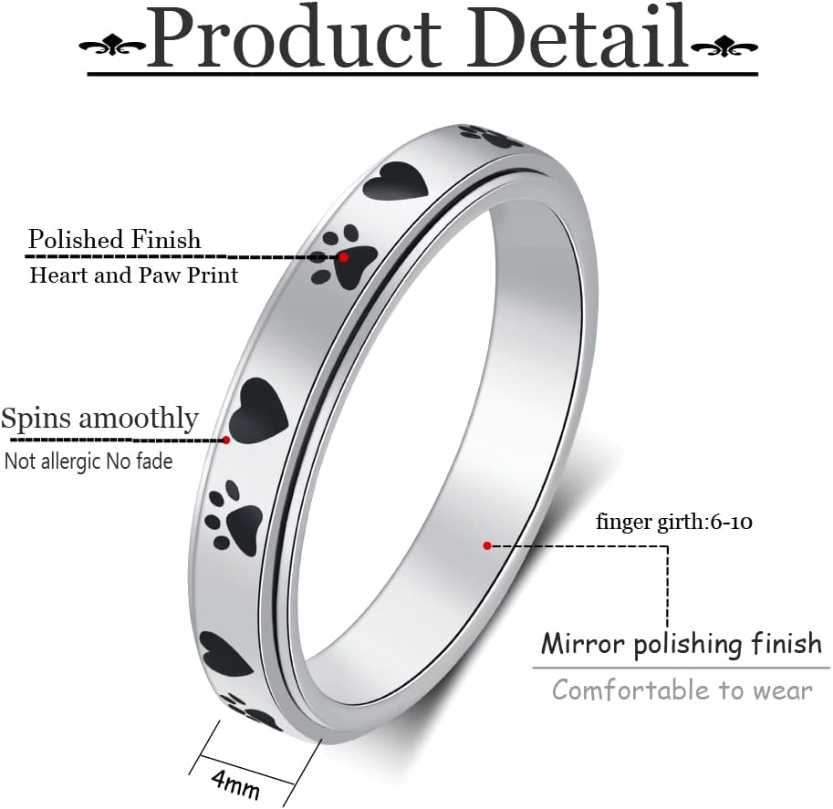 AmorArtSky Spinner Ring for Anxiety Relief: Paw Print Fidget Ring, Titanium Stainless Steel, Love Pet Lovers Gifts