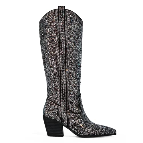 MUCCCUTE Women's Black Rhinestone Western Knee-High Boots Cowgirl Point-Toe Block Heel Wedding Party Boots for Ladies Size 9 by MUCCCUTE - Used condition - Image 2