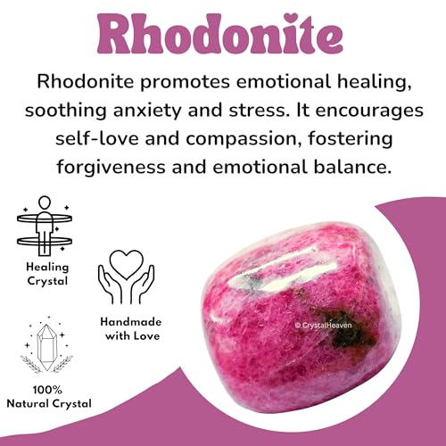 Image of Certified Rhodonite Crystal Healing Tumbled Stone, Natural Polished Crystals for DIY Crafts, Manifestation, Meditation, Pooja Feng Shui and Reiki Healing (30 Grams)