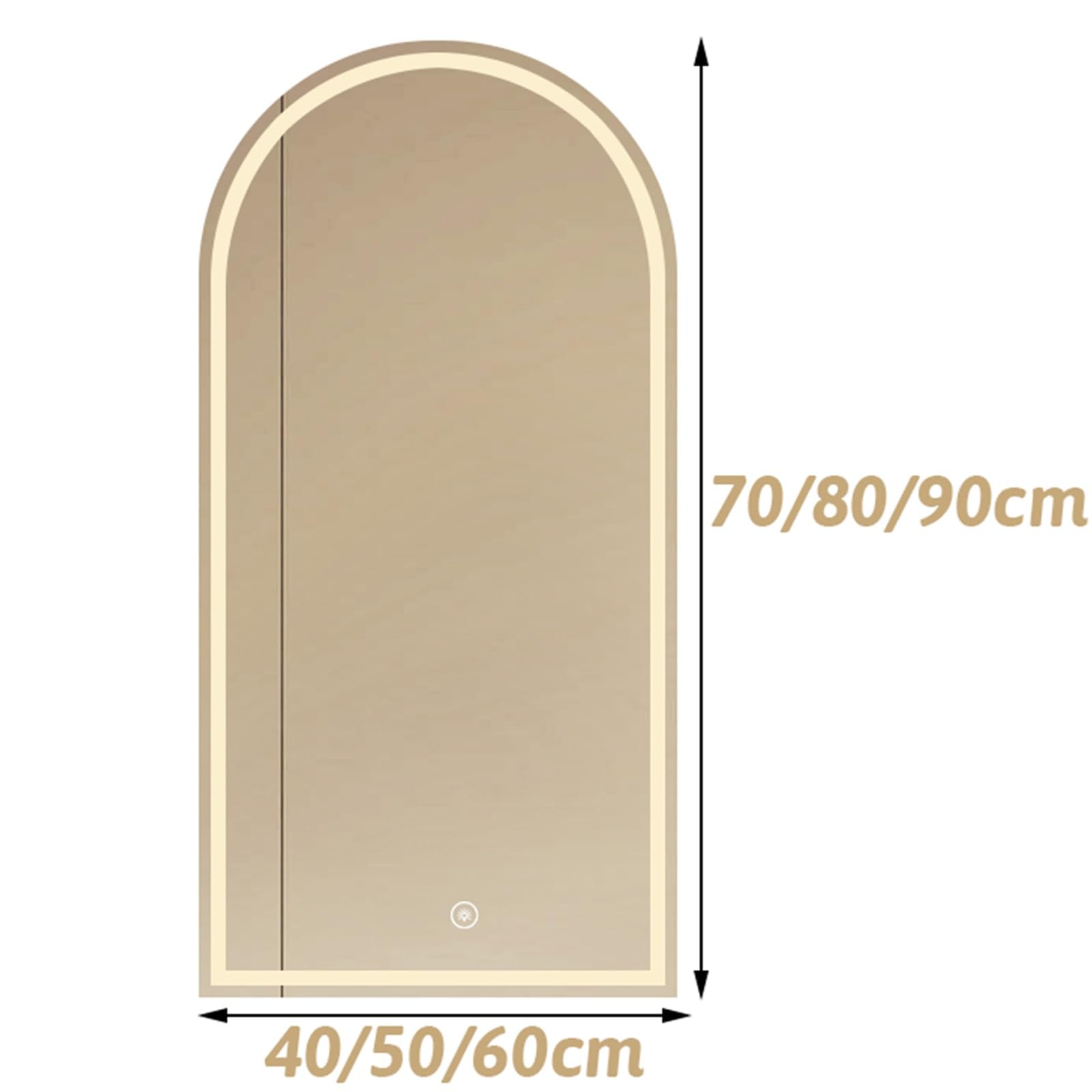 Ściemnialne lustro łazienkowe LED Vani – inteligentne podświetlane lusterko do makijażu o wymiarach 3 m 60 x 90 cm / 23.6x35.4in (23,6 x 35,4 cala) - łukowa konstrukcja do eleganckich wnętrz