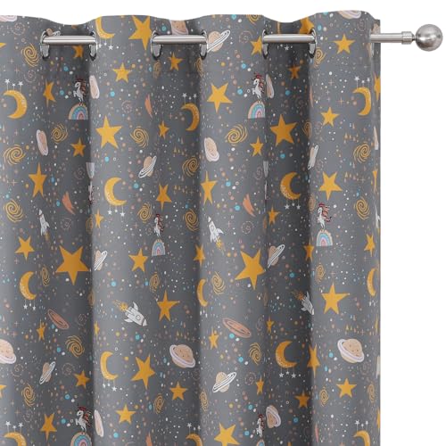 Image of Grey Unicorn Planet Room Darkening Curtains 63 Inch Long for Kids Bedroom