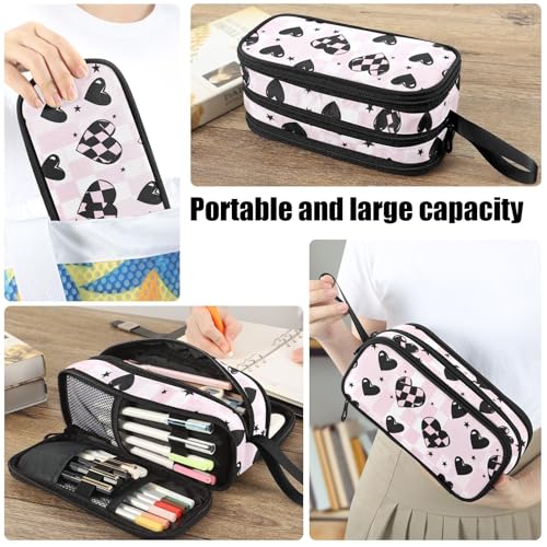 Image of Fustylead Cute Pink and Black Heart with Checkered Design Pencil Pen Case with 3 Compartments, Lightweight & Spacious Stationery Bag Cosmetics Bag
