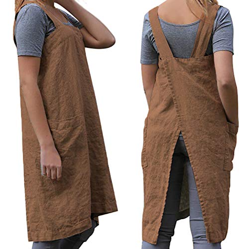 Women's Cross Back Pinafore Apron with Large Pockets Home Kitchen, Restaurant, Coffee house,Cooking Gardening Works, Brown, XL