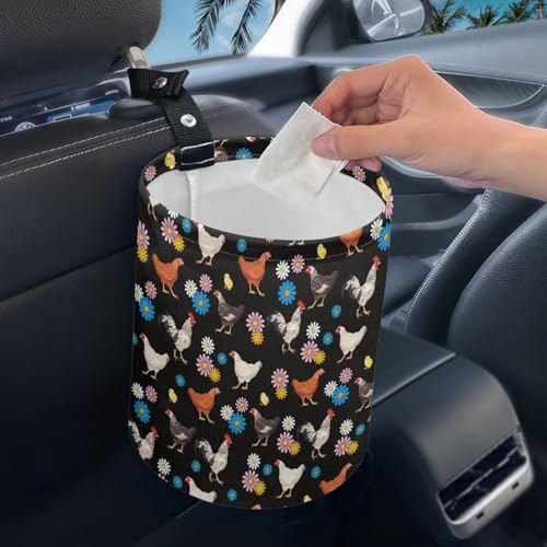 Image of Renewold Car Trash Can Garbage Can with Adjustable Button Straps Hanging Storage Organizer Bag Collapsible Multipurpose Car Trash Bin Bag Automotive Accessories Hippie Daisy Chickens Rooster