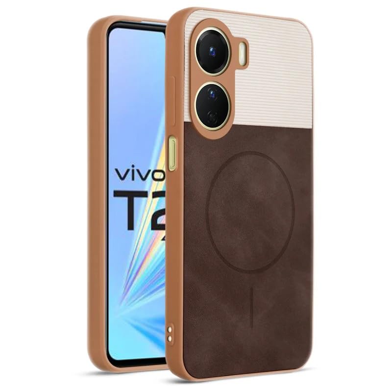 Image of Bintage case Dual-Leather Macc-Safe Design Phone Case| Soft Touch Finish | Full Camera Protectection Back Cover Compatible for Vivo V2311 /Vivo Y56 / Y16 / T2x 5G - White & Choco Brown
