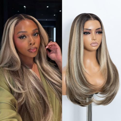 Style Icon 24 inch Multi-Layer Long Black Straight Hair Wig 6x4 Pre-Cut Lace Long Layered Hair Synthetic Free Part Wig (4/10/23B/613C)