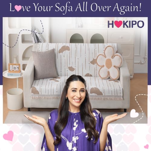 Image of HOKIPO Serene Abode Sofa Cover 2 Seater, 180x120 cm, Beige Ginkgo Lines