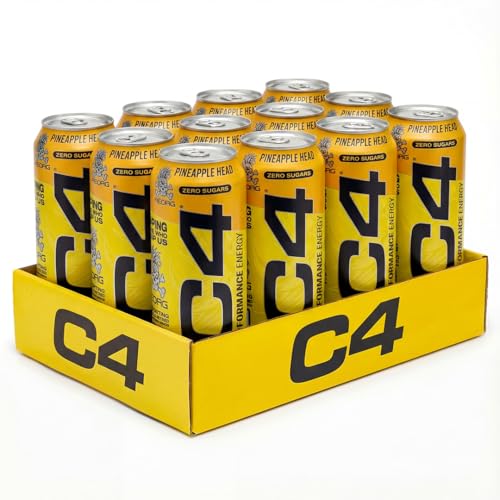 C4 Performance Energy Drinks Pineapple Head 500ml (12 pack) | Sugar Free Energy Drink with 160mg Caffeine 250mg Betaine 1050mg Taurine | Low Calorie Fizzy Drinks for On the Go Energy and Focus
