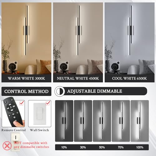 Image of LED Wall Sconce Black Modern Remote Wall Light Fixtures for Living Room, Dimmable LED Vanity Light Indoor Remote Wall Sconce for Bedside Bedroom Bathroom Dining Room, L39.4inch 1 Pack
