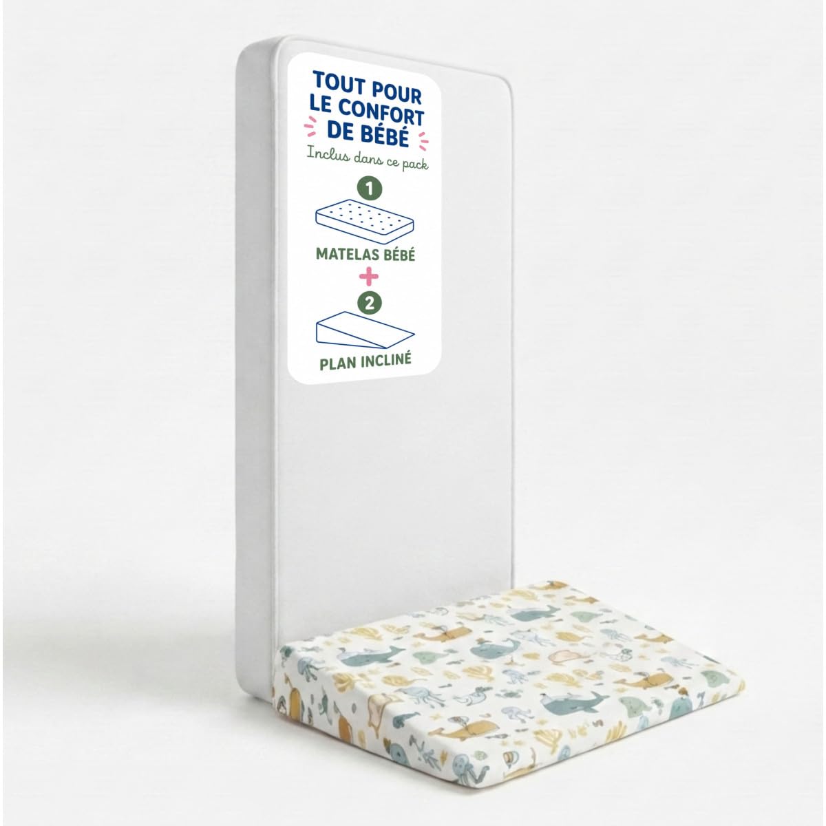 Pack Sommeil Bébé - Matelas Réversible 60x120 cm & Plan Incliné Confort Sweety - Housse Coton Doux - sans Traitement Chimique - Certifié Certipur