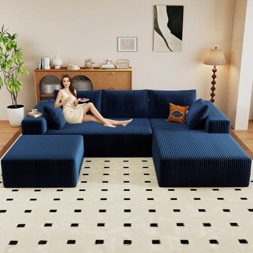 96" U-Shape Cloud Couch, Modern Modular Sectional L-Shape Sofa with Ottoman, Corduroy Upholstered Couches Deep Seat Sleeper Chaise Longue for Living Room, No Assembly Required(Blue, Right Facing)