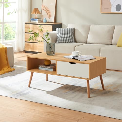 [en.casa] Table Basse avec Tiroir et Plateau Généreux Rangement Pratique Moderne Excellente Stabilité pour Salon Chambre Bureau Panneau de Particules Bois...