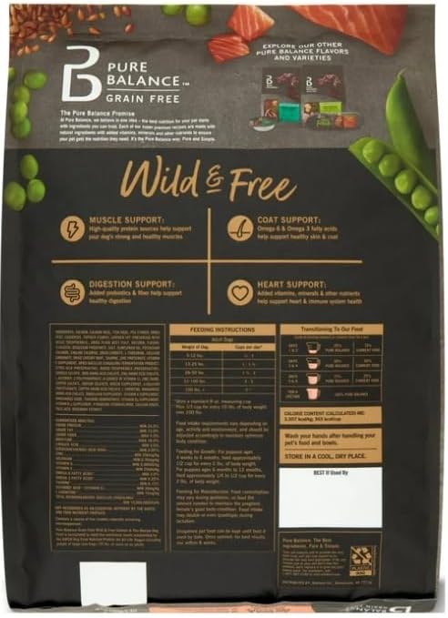 Pure~Balance Wild & Free Salmon & Pea Recipe Dry Dog Food, Grain~Free, Natural Nutrition for All Dog Life Stages, No Fillers or Artificial Preservatives, Supports Healthy Coat & More ~ (11 Lbs).