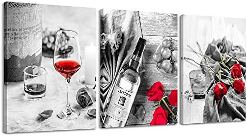 Canvas Wall Art Decor Wine Painting Artwork Poster Red Wine In Cups With Ice Rose Black White Canvas Wall Art Print Framed Pictures Red Rose Poster Giclee For Kitchen Bar Home Decorations 3 Piece