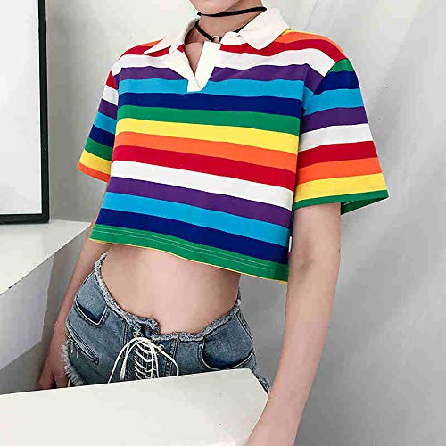 Women's Rainbow Printed Polo T-Shirt Short Sleeve Skinny Y2K Streetwear Crop Top3