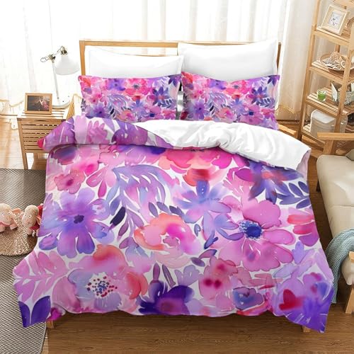 Housse de couette 260x220cm fleurs aquarelle 3D en microfibre respirante