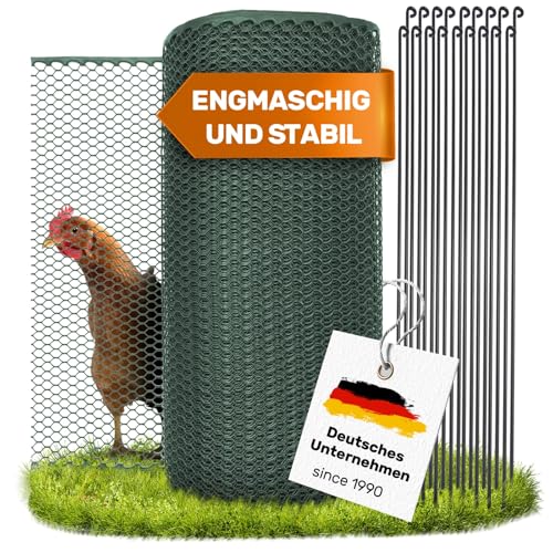 SELFmania Hühnerzaun 25m lang | Neues Modell 2025 | ENGMASCHIG STABIL UV-SCHUTZ 120 cm hoch | Freilaufgehege Hühner mit 21 Befestigungsstäben + 25 U-Heringe | Weidezaun | Geflügelzaun | Farbe grün