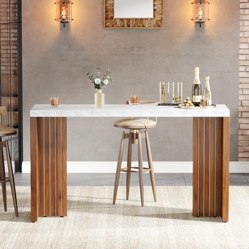 Tribesigns Home Bar Unit, 55.12-Inch Bar Table with a Faux Marble Finished Tabletop, Modern Freestanding Mini Bar for Home Kitchen, Living Room, Balcony, Basement, Walnut & White - Image 5