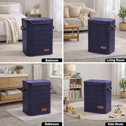 Image of Luxe Home Laundry Basket for Clothes, Premium Bamboo Big Storage Bag with Lid and Side Handle Multipurpose Used In Laundry Rooms, Bedrooms, Bathrooms (40x30x50 cm, Navy)