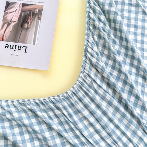 Image of Mucalis Light Blue Gingham Fitted Sheet Queen Only Deep Pocket 16 Inch 100% Washed Cotton White Plaid Checkered Bottom Sheet,Soft,Breathable,Easy Care