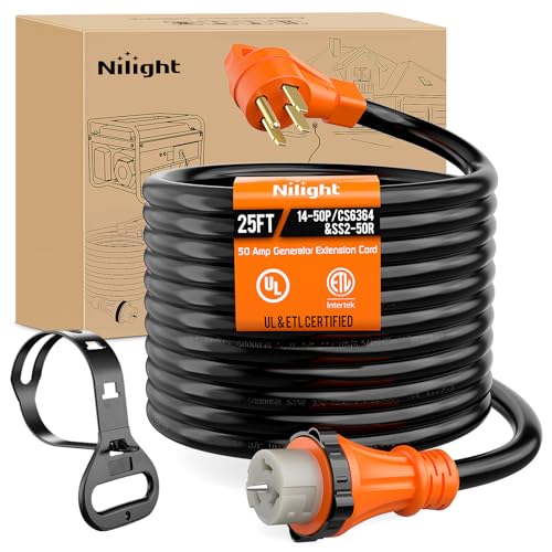 Image of Nilight 50 Amp 25FT Generator Extension Cord 250V 12500Watt Heavy Duty 6 /3+8 /1 Gauge Pure Copper STW Wire UL Listed 4 Prong 14-50P SS2-50R&CS6364 Twist Lock for RV Camper Outdoor Use