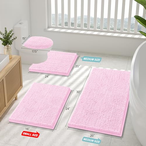 Smiry Luxury Chenille Bathroom Rugs 44x24, Extra Soft and Absorbent Shaggy Bath Mat, Machine Washable, Non-Slip Plush Carpet Runner for Tub, Shower, and Floor, Home Decor Accessories, Pink
