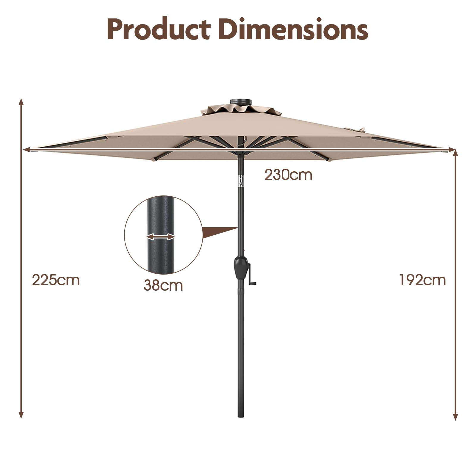 KOMFOTTEU Ombrellone da Giardino con LED 230 cm, Ombrellone da Spiaggia Inclinabile e Portatile, con 6 Aste e Manovella in Metallo, Anti UV, da Esterno per Patio, Piscina, Mercato, Terrazzo
