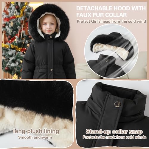 Image of AiWMGL 5-12 Years Girls Winter Coat Long Puffer Jacket Outwear Warm Quilted Coats Parka Kids Removable Hood Fleece Inner