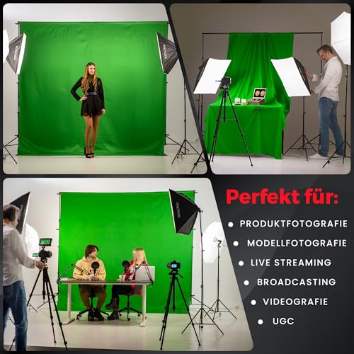 PIXETOOL Fotostudio Set - Greenscreen (3 x 3 m) mit Ständer (3 x 2,6 m) - Softbox mit Lampen Set - Green Screen Fotohintergrund - Reflektor - Studiolicht Fotolampe - Streaming Fotografie Hintergrund