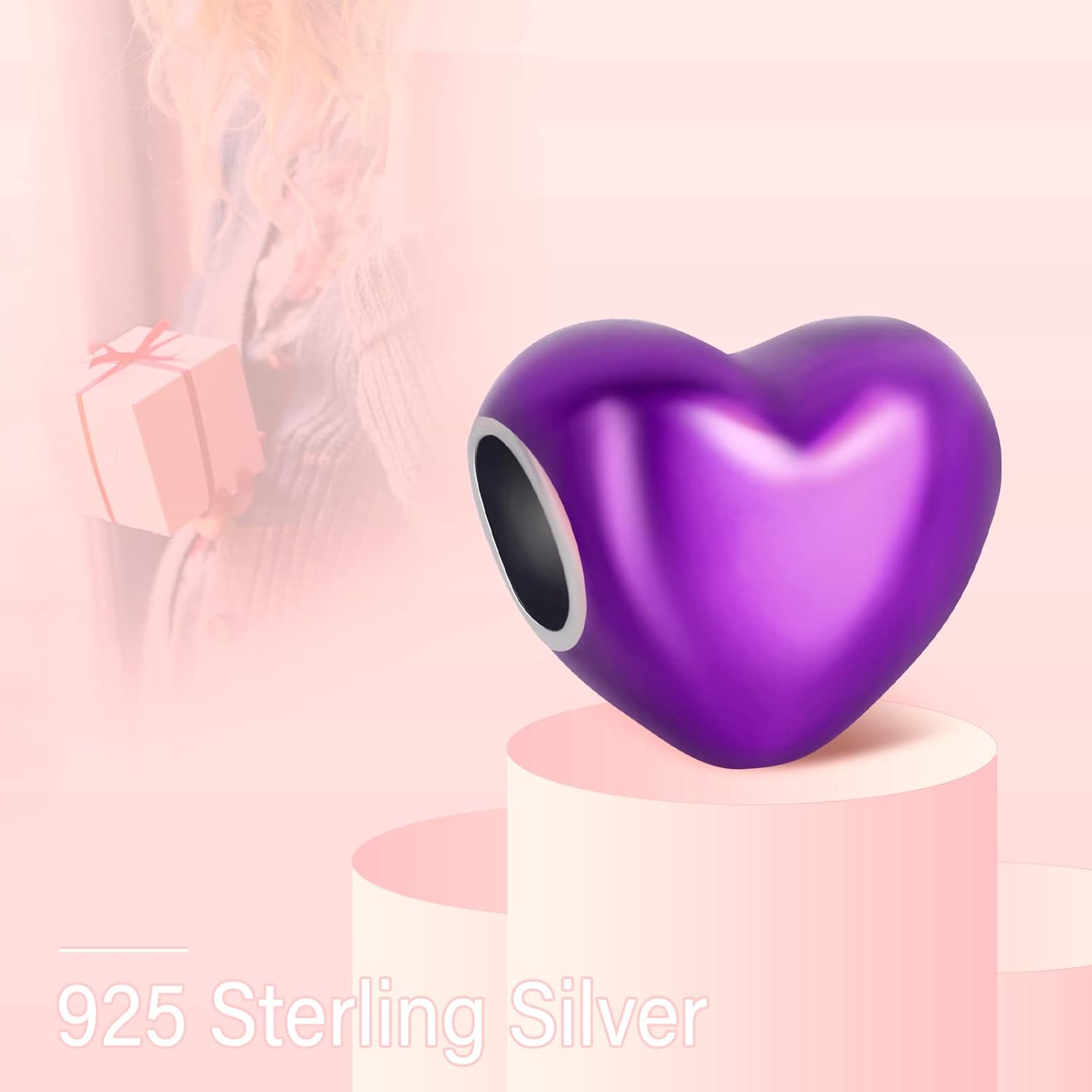 Purple Ribbon Color Heart Charms 925 Sterling Silver Bead for Bracelets - Image 3