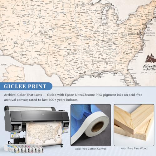 Image of IPIC Vintage US Travel Map with Pins, Push Pin Travel Map USA, Size42x28 in