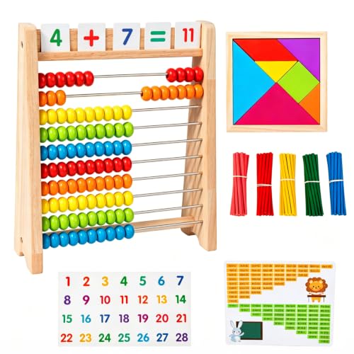 Abacus for Kids Set 10 Gear Calculating Frame with 1 Tangram 100 Counting Sticks and 1 detachable Number Sheets Table Chart Classic Wooden Educational Counting Toy