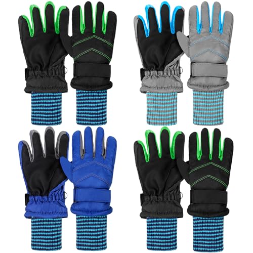 Yaomiao 4 Pairs Kids Winter Long Gloves Waterproof Children Long Cuff Snow Mittens Windproof Ski Gloves for Outdoor