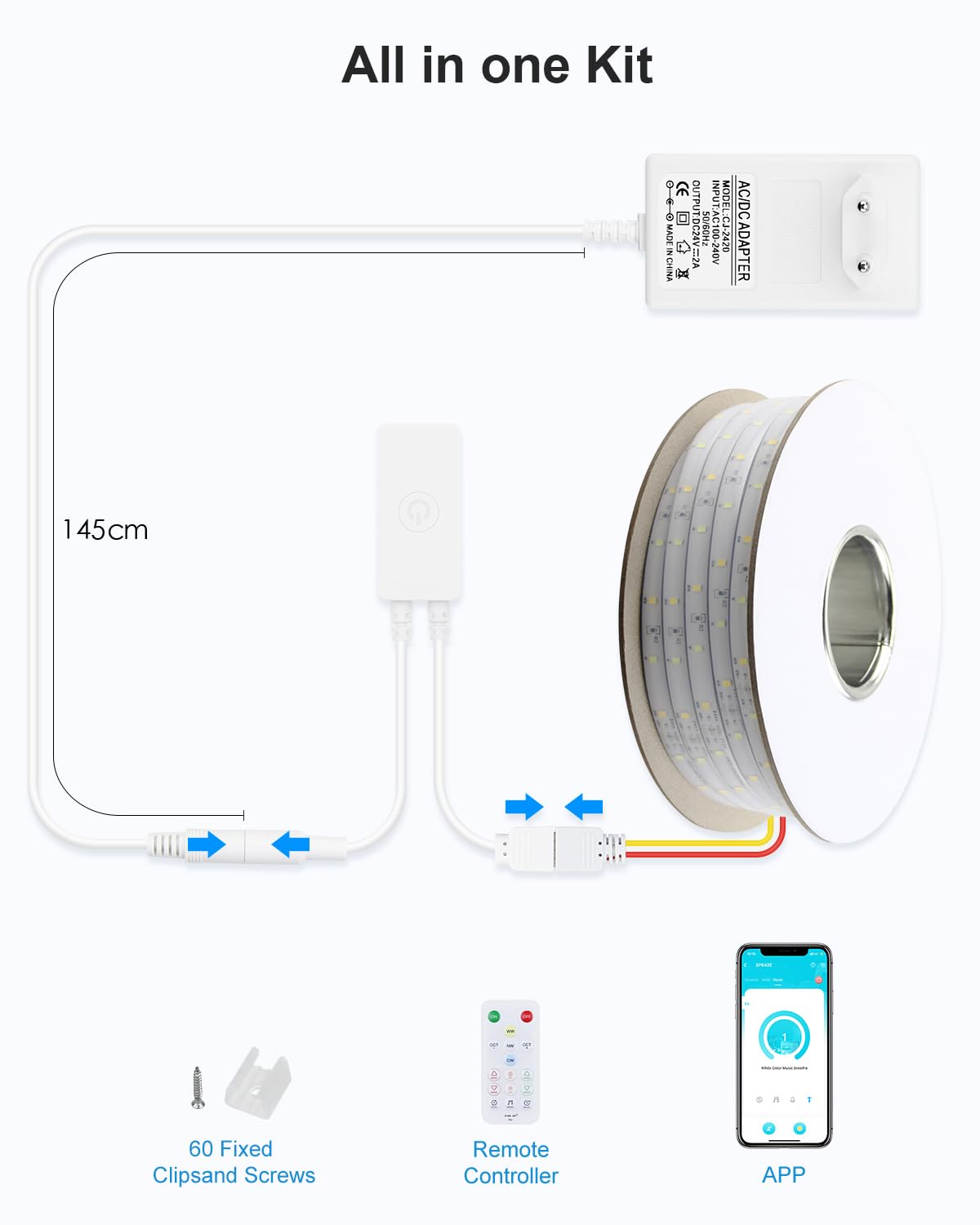 ALITOVE 24V LED Streifen 20m Abstimmbar Weiß 2700K~6500K mit APP-Steuerung | RF Fernbedienung, LED Band Aussenbereich Wasserdicht, Musik-Sync, Timer, für Decks Terrasse Garten, Nicht Selbstklebend