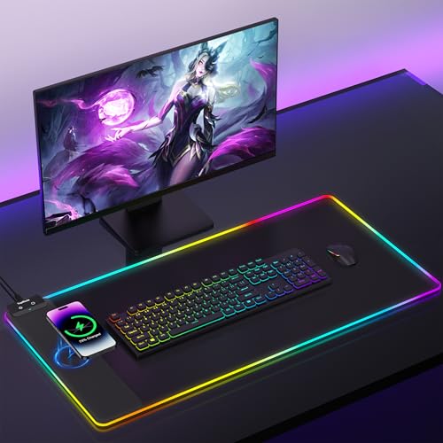 TopMade Wireless Charging Mouse Pad, RGB Gaming Mousepad Home Office Large Desk Pad with 13 Light Modes, Ultra-Smooth Surface, Non-Slip Rubber Base, Black Computer Desk Mat (No Power Adapter Included)