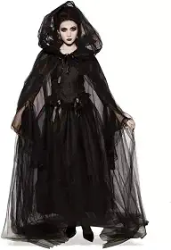 Fantasias femininas assustadoras de Halloween, fantasia de noiva fantasma, vestido preto, conjunto de capa de vampiro diabo Terror Terror