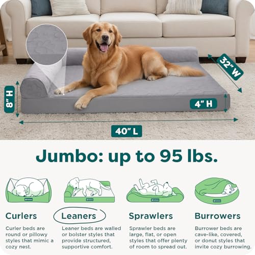 Image of Furhaven Cooling Gel Dog Bed for Large Dogs w / Removable Bolsters & Washable Cover, For Dogs Up to 95 lbs - Pinsonic Quilted Paw L Shaped Chaise - Titanium, Jumbo /XL