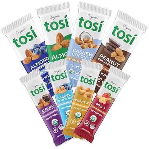 Tosi Variety Pack Protein Bars, Plant Based with Nuts, Gluten-Free Crunchy Snacks, Vegan, Organic, Flax & Chia Seeds, Soy-Free, Omega 3s, 5G-20G Protein, 1 oz and 2.4 oz, 8-Pack Cover
